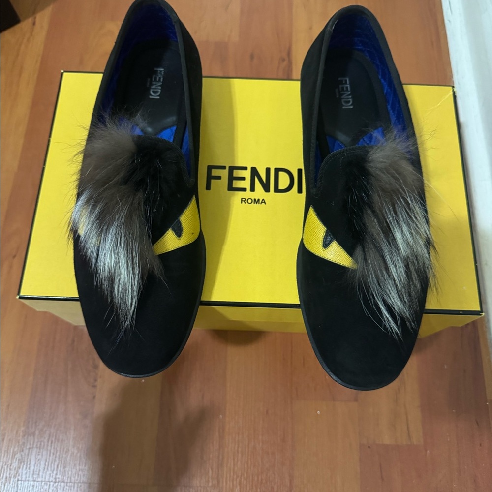 Fendi Black Loafers with Fur and Yellow Accent